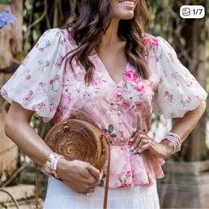 Anthropologie Pink Floral Puff Sleeve Blouse